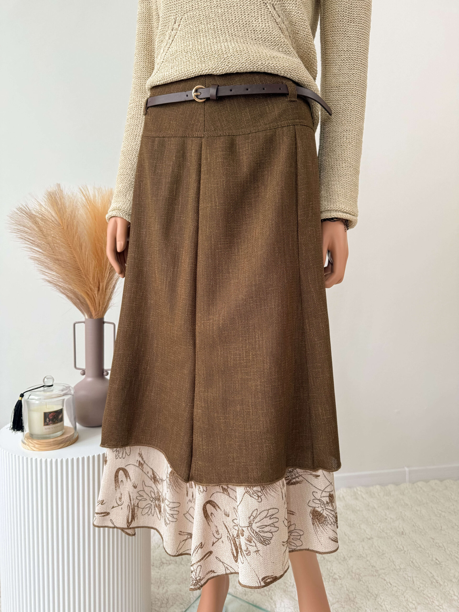 Spódnica midi lniana brązowa vintage połyskujące zdobienia – 2X2